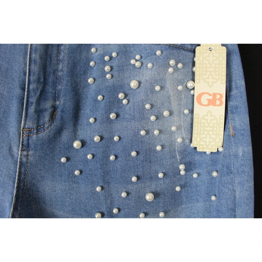 GB Women Jeans Size 7 Blue High Rise Stretch Embellished Distressed Pearl Detail